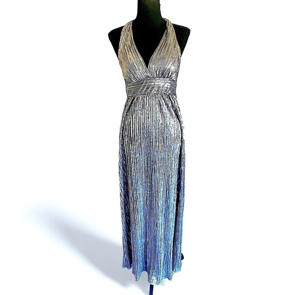 Silver Metallic Pleated Halter Top Maxi Dress Women’s Size Medium Gunmetal - Picture 2 of 11